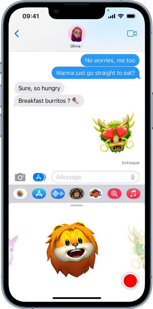 Conversa do app Mensagens com um Memoji selecionado, pronto para ser gravado antes de ser enviado.