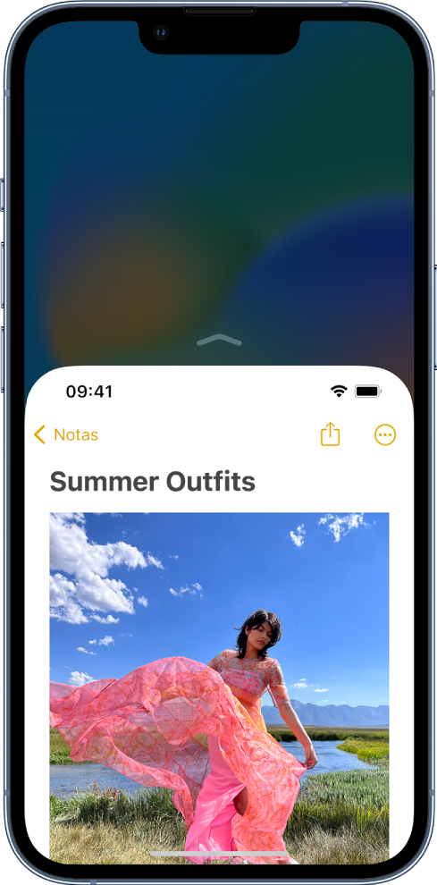 Tela do iPhone com a Alcançabilidade ativada. A parte superior da tela foi movida para baixo, para ficar ao alcance do polegar.
