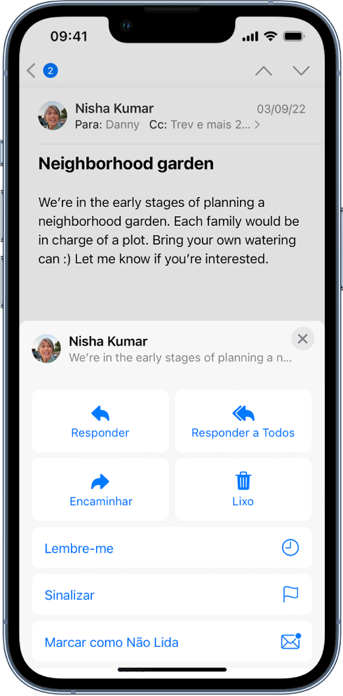 E‑mail mostrando opções de respostas abaixo. Ao longo do meio da tela, da esquerda para a direita, estão as opções Responder, Responder a Todos, Encaminhar e Lixo.