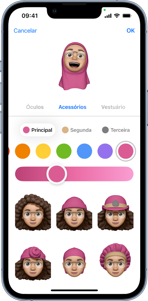 Tela de Memojis, mostrando o personagem sendo criado na parte superior, características para personalizar abaixo do personagem e, abaixo disso, opções da característica selecionada. O botão OK encontra-se no canto superior direito e o botão Cancelar no canto superior esquerdo.