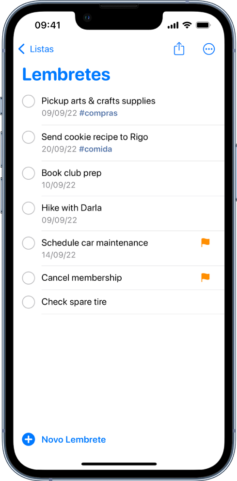 Uma tela do app Lembretes mostrando uma lista de tarefas. O botão Novo Lembrete está na parte inferior esquerda.
