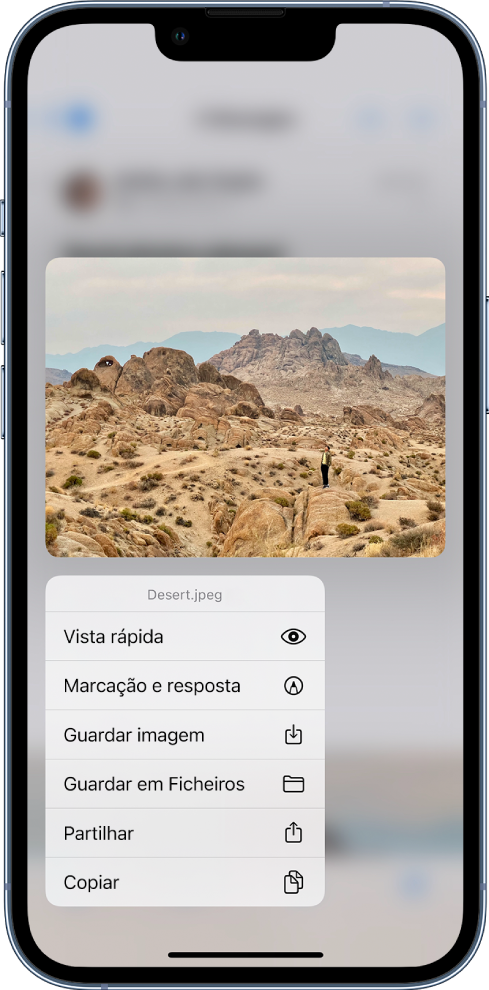 Um anexo de e-mail está selecionado com a lista de ações possíveis. As opções incluem “Vista Rápida”, “Marcação e resposta”, “Guardar imagem”, “Guardar em Ficheiros”, “Partilhar” e “Copiar”.