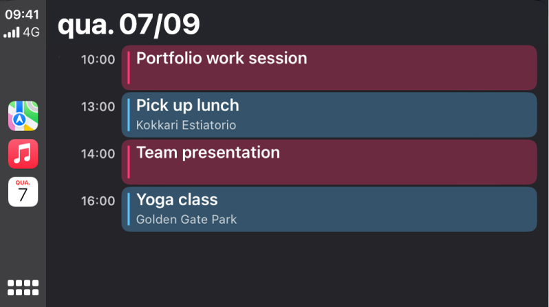 Um ecrã de calendário no CarPlay a mostrar quatro eventos para quarta-feira, 7 de setembro.