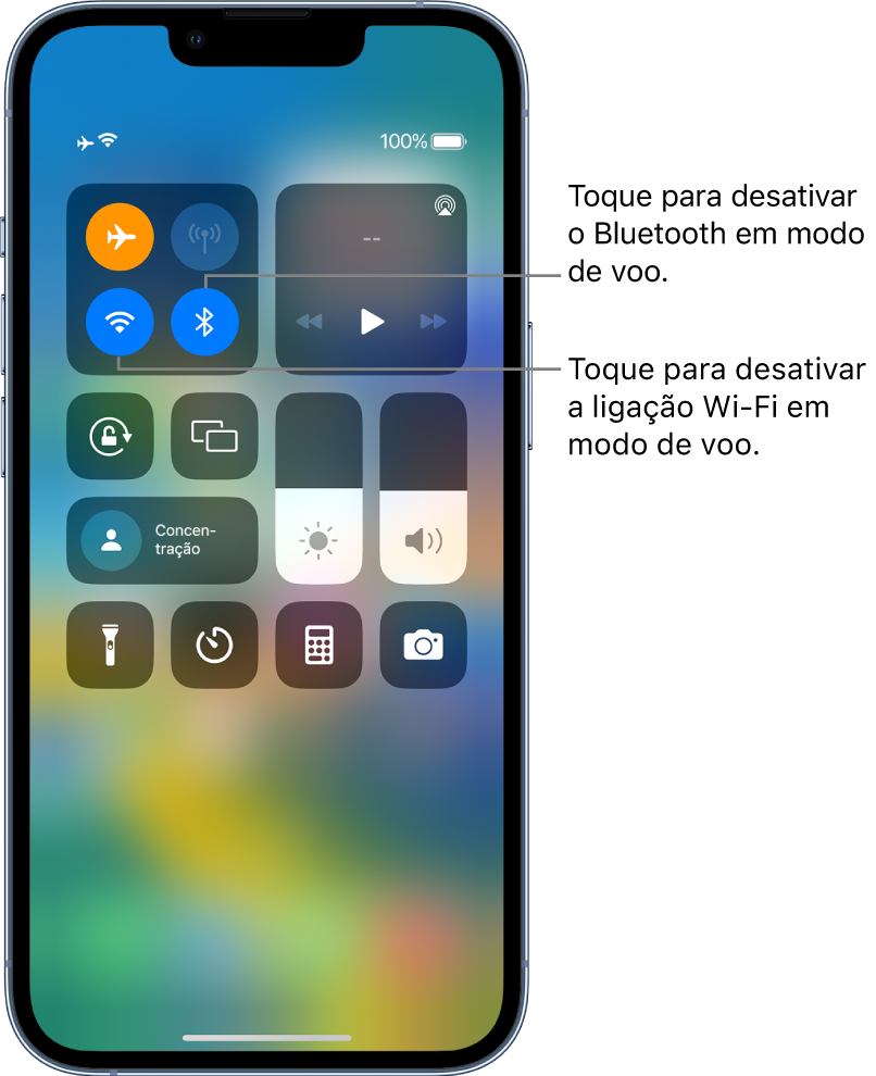 Central de controlo com o modo de voo ativado. No grupo de controlos no canto superior esquerdo encontram-se o botão Wi-Fi (inferior esquerdo) e o botão Bluetooth (inferior direito).
