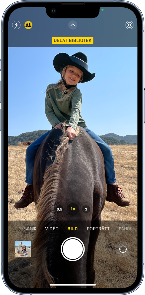 Kameraskärmen är öppen och ett motiv fyller ramen. Högst upp på kameraskärmen är knappen Delat bibliotek påslagen.