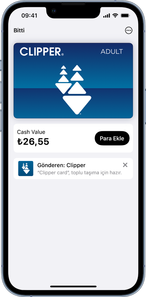 Cüzdan uygulamasındaki bir toplu taşıma kartı. Kart bakiyesi ortada, Para Ekle düğmesinin yanında gösterilir.