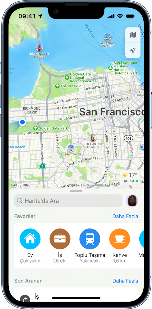 Harita uygulaması, ekranın en altında dört favori yeri gösteriyor.