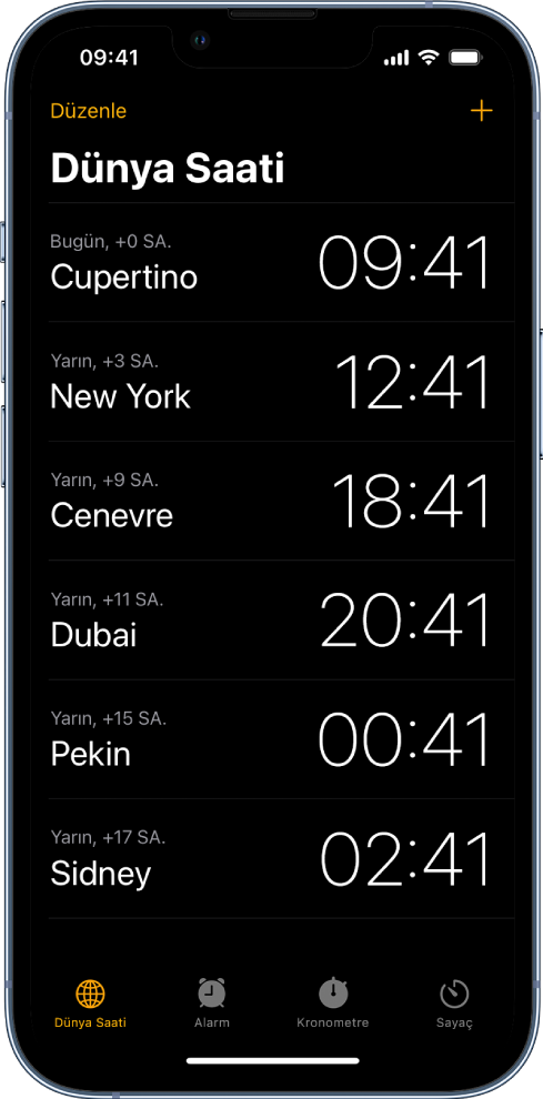 Dünya Saati sekmesi, farklı şehirlerdeki saati gösterir. Sol üst köşedeki Düzenle düğmesi saatlerin sırasını değiştirmenizi veya onları silmenizi sağlar. Sağ üst köşedeki Ekle düğmesi daha fazla saat eklemenizi sağlar. Dünya Saati, Alarm, Kronometre ve Sayaç alt kısımdadır.