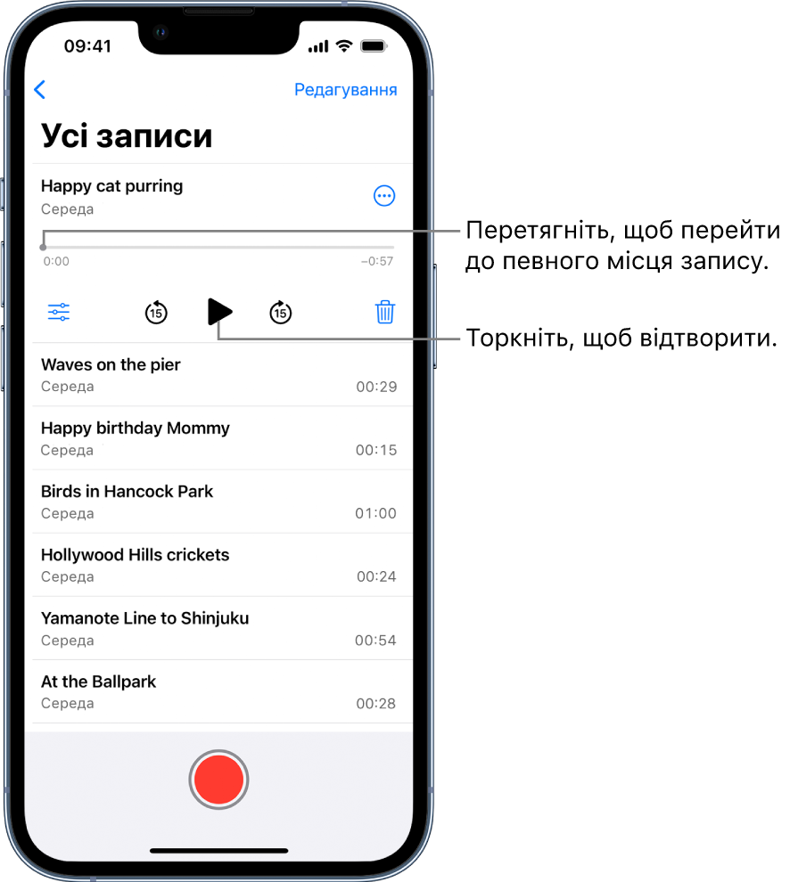 Екран зі списком «Диктофон» й вибраним записом угорі. На часовій шкалі записування є вказівник відтворення, який можна перетягувати в певне місце запису. З кожного кінця часової шкали наведено час початку та час завершення. Над часовою шкалою є кнопка «Інші дії», яку можна торкнути, щоб скопіювати, поширити, змінити чи дублювати запис тощо. Під часовою шкалою розташовані: кнопка «Параметри відтворення», яку можна використовувати для встановлення опцій відтворення, кнопки переходу назад і вперед на 15 секунд, а також кнопки відтворення та видалення. Під цими елементами керування є список записів, які можна відкрити торканням.