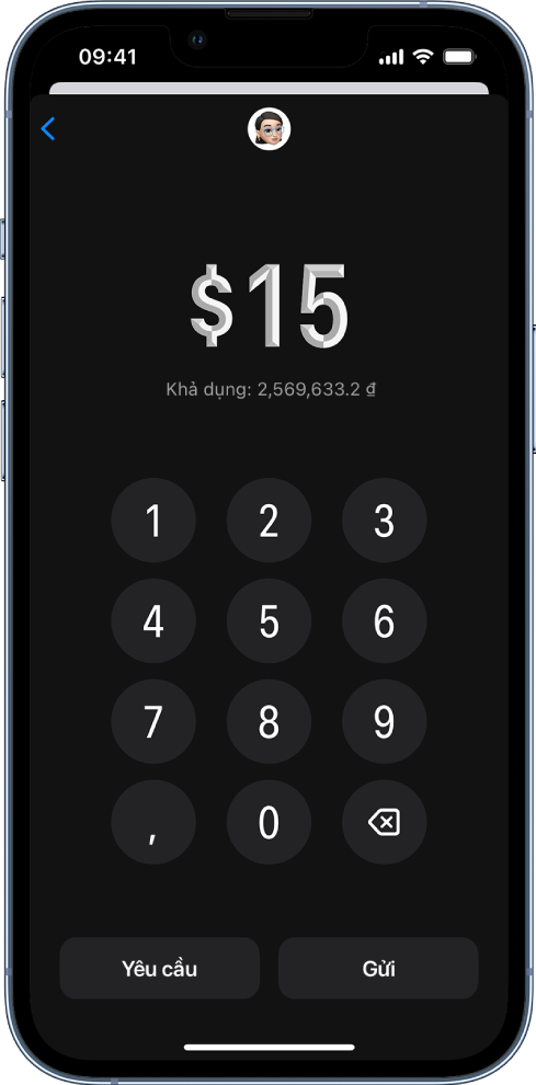 Một bàn phím để nhập số tiền, với các nút Yêu cầu và Gửi ở dưới cùng.