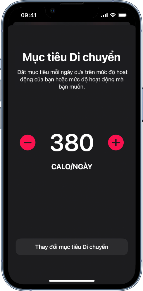 Màn hình Thay đổi mục tiêu Di chuyển đang hiển thị một mục tiêu Di chuyển và các nút để tăng hoặc giảm mục tiêu.