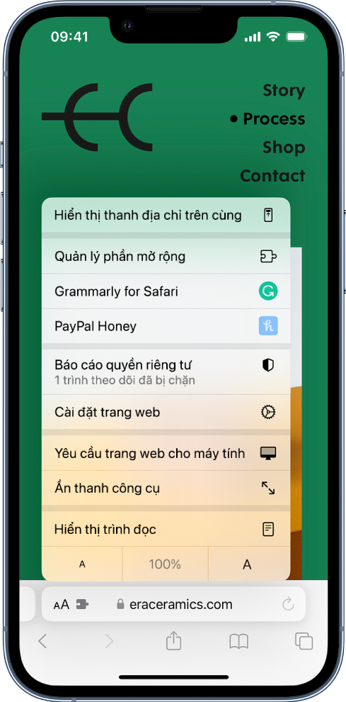 Menu Cài đặt trang. Ở trên cùng là tùy chọn Hiển thị thanh địa chỉ trên cùng. Bên dưới đó là tùy chọn Quản lý phần mở rộng, tiếp theo là các phần mở rộng được cài đặt: Honey và Grammarly cho Safari.