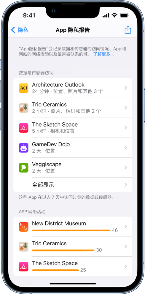“App 隐私报告”列出了有关“数据与传感器访问”类别中五个 App 的信息以及“App 网络活动”类别中三个 App 的信息。