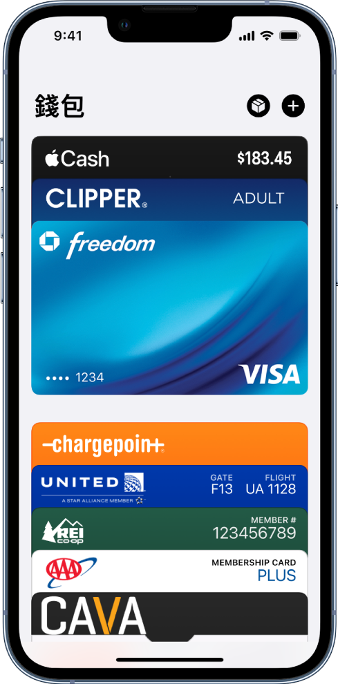 「錢包」畫面,顯示多張付款卡和票卡。