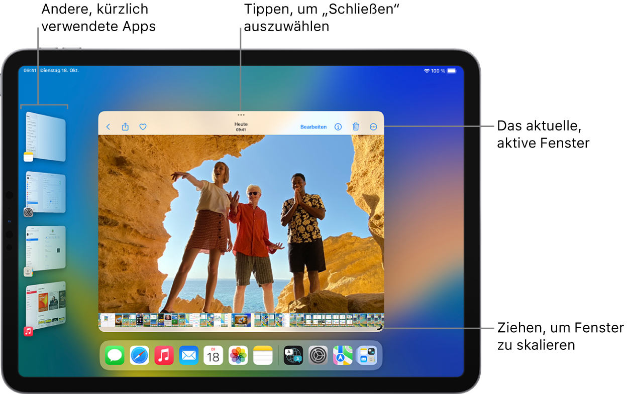 Ein iPad-Bildschirm mit aktiviertem Stage Manager. Das aktuelle Fenster befindet sich in der der Mitte des Bildschirms mit den Multitasking-Steuerelementen oben und einem Steuerelement zum Ändern der Größe unten rechts. Zuletzt verwendete Apps werden in einer Liste auf der linken Seite angezeigt. Die Apps im Dock werden unten auf dem Bildschirm angezeigt.