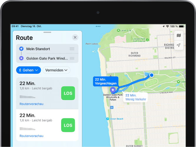 Eine Karte mit mehreren Fußgängerrouten, von denen jede über eine Taste „Los“ links in der Routenkarte verfügt.