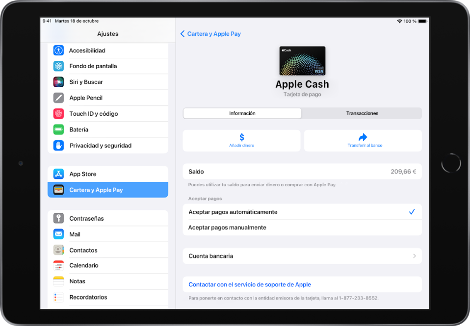 Pantalla de detalles de la tarjeta Apple Cash con el botón “Añadir dinero” y el botón “Transferir al banco” en la mitad derecha, por encima del saldo.