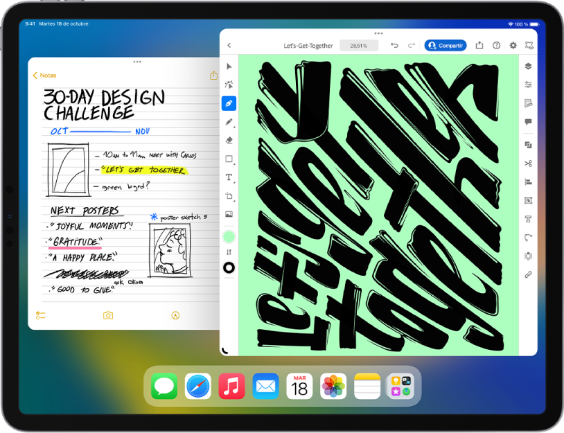Una pantalla del iPad con el organizador visual activado. Las ventanas actuales están en el centro de la pantalla y las demás apps recientes están en una lista en el lado izquierdo de la pantalla.