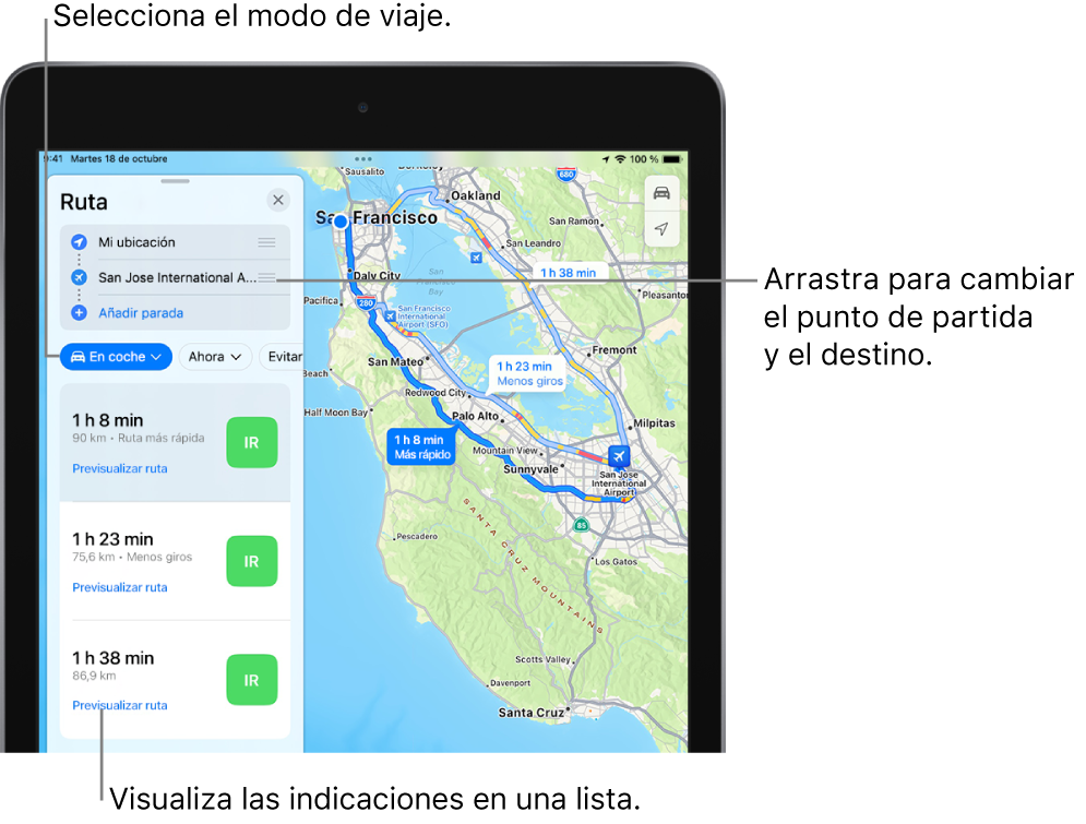 Mapa con tres rutas en coche desde Madrid hasta el Aeropuerto Adolfo Suárez Madrid-Barajas. La ruta más rápida está seleccionada.