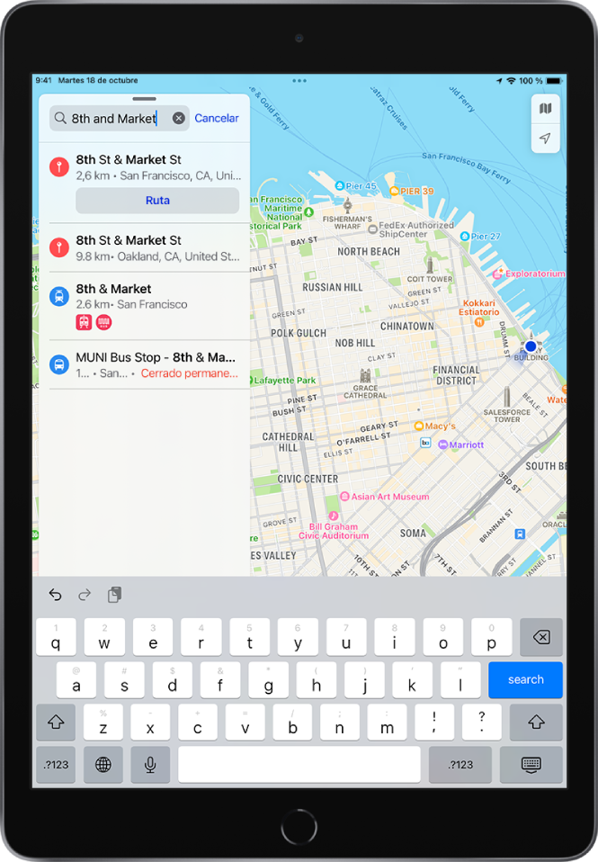 Tarjeta de búsqueda con una búsqueda de la frase (“octava y mercado”) y varios resultados.