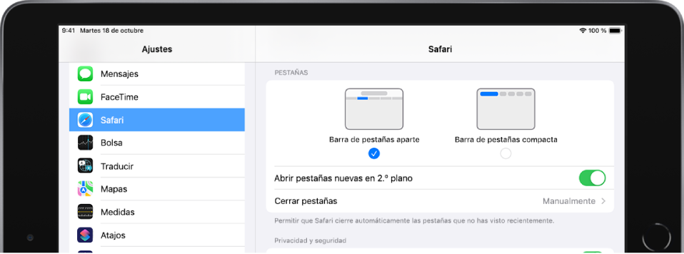Sección Safari de la app Ajustes. Debajo de las pestañas están las opciones “Barra de pestañas aparte” y “Barra de pestañas compacta”. Las otras opciones son “Abrir pestañas nuevas en 2.º plano” y “Cerrar pestañas”.