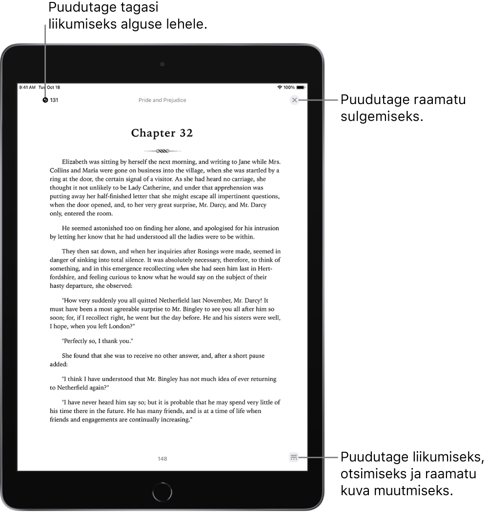 Rakenduses Books kuvatakse raamatu lehekülge. Ekraani ülaosas on nupud lugemise alguskohta naasmiseks ning raamatu sulgemiseks. Ekraanil all paremal on nupp Menu.