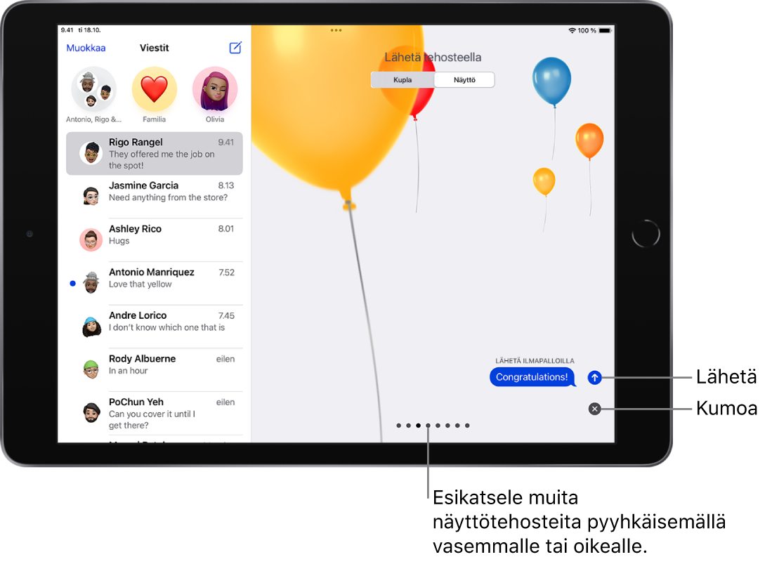 Viestin esikatselu, jossa näkyy koko näytön tehoste, jossa on ilmapalloja.
