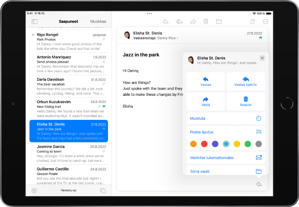 Avattu sähköpostiviesti. Oikealla näkyy valikkovaihtoehtoja lipun lisäämiselle ja poistamiselle.