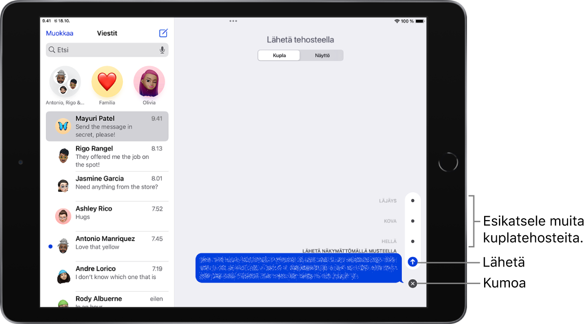 Viestin esikatselu, jossa on näkymätön muste -tehoste. Oikealla ovat säätimet, jotka näyttävät kuplatehosteiden esikatselut, sekä Lähetä- ja Kumoa-painikkeet.
