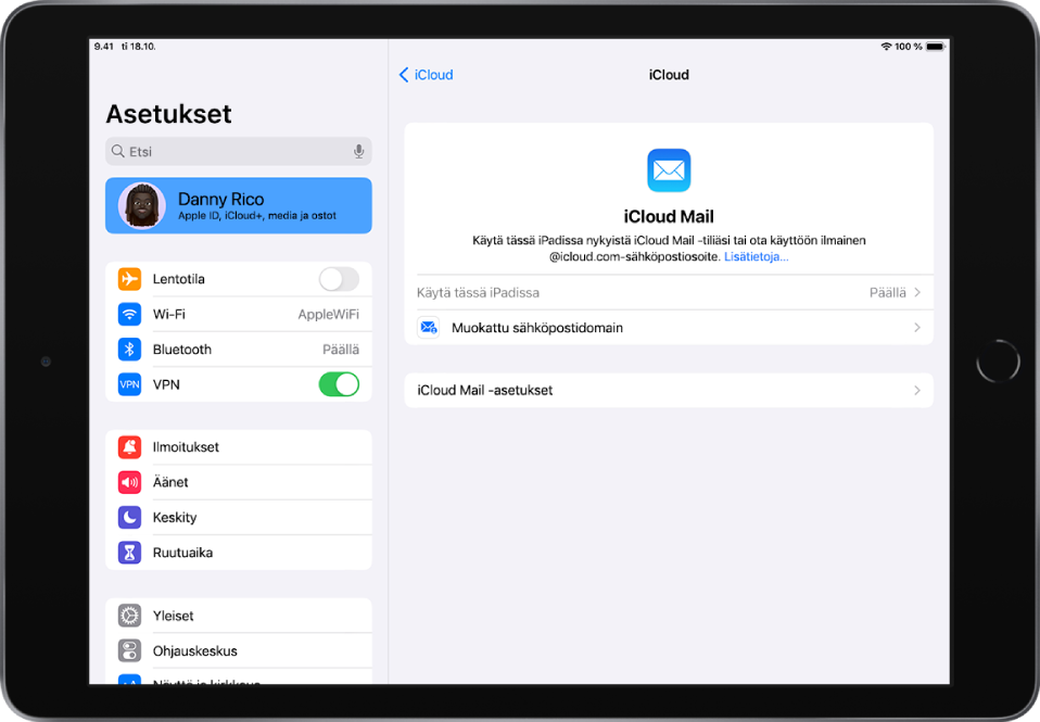 Asetukset-appi on avattu iCloud Mailin näytölle ja ”Käytä tässä iPadissa” on laitettu päälle. Sen alla näkyvät muokatun sähköpostidomainin asetukset ja iCloud Mail -asetukset.