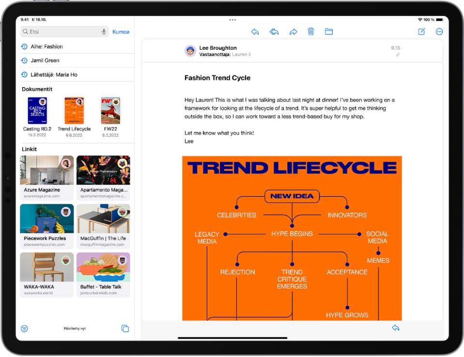 Mail-apissa Haku on valittuna oikeanpuoleisessa sivupalkissa. Sen alla on ehdotuksia, kuten Aihe, yhteystieto, jaetut dokumentit ja jaetut linkit.