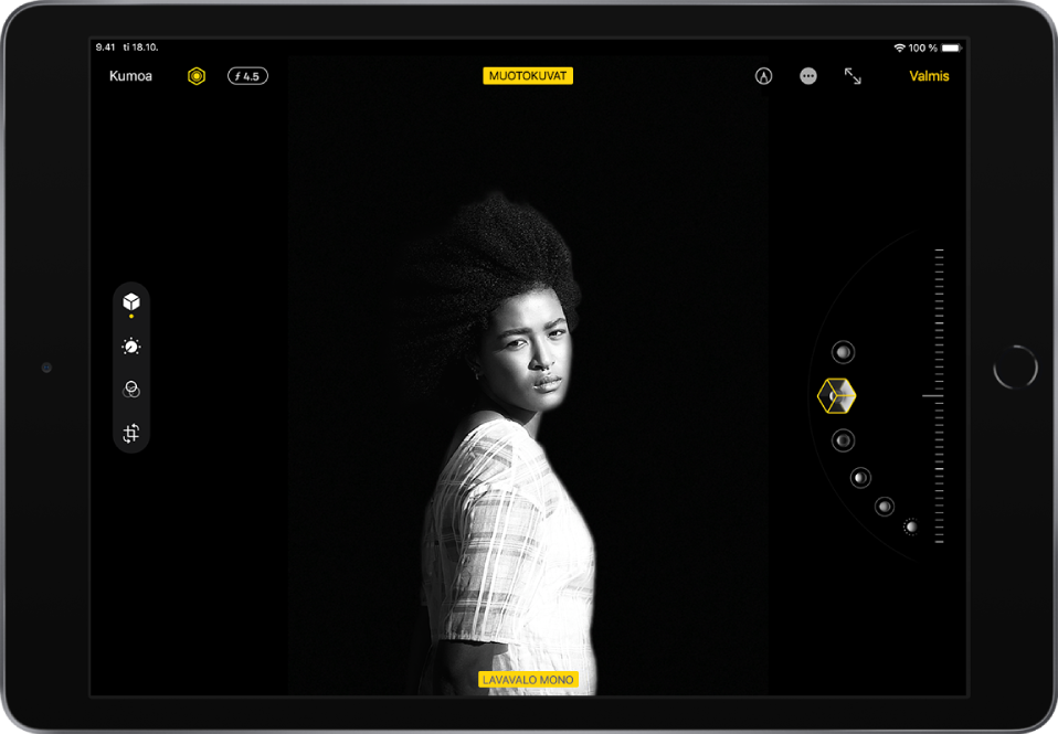 Muotokuvatilassa otettu kuva on muokkausnäytöllä. Kumoa-, Valon hallinta- ja Syvyyden säätö -painikkeet ovat vasemmassa yläkulmassa, ja valittuna on Valon hallinta. Syvyystehoste-painike on valittuna näytön keskellä ylhäällä. Oikeassa yläkulmassa ovat Merkintä-, Siirry koko näytön tilaan- ja Valmis-painikkeet. Muokkaustyökalut ovat näytön vasemmassa reunassa ylhäältä alas: Muotokuvasäätimet, Muokkaa, Suodattimet ja Rajaus. Valittuna on Muotokuvasäätimet. Näytön oikealla puolella ovat valotuksen valinnat.
