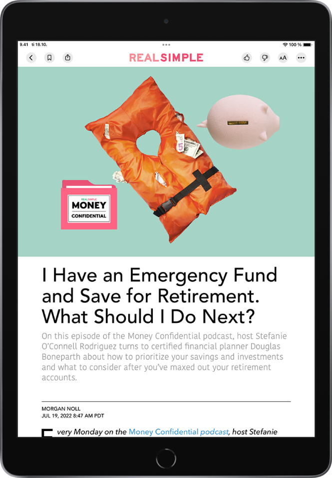 Näyttö, jossa näkyy uutisjuttu. Yläreunassa näkyvät Previous-, Bookmark- ja Share-painikkeet. Julkaisun nimi näkyy ylhäällä keskellä. Suggest More-, Suggest Less-, Text Size- ja More-painikkeet ovat yläoikealla. Yläreunassa näkyy suuri kuva ja sen alla uutisen otsikko, alaotsikko ja päivämäärä.