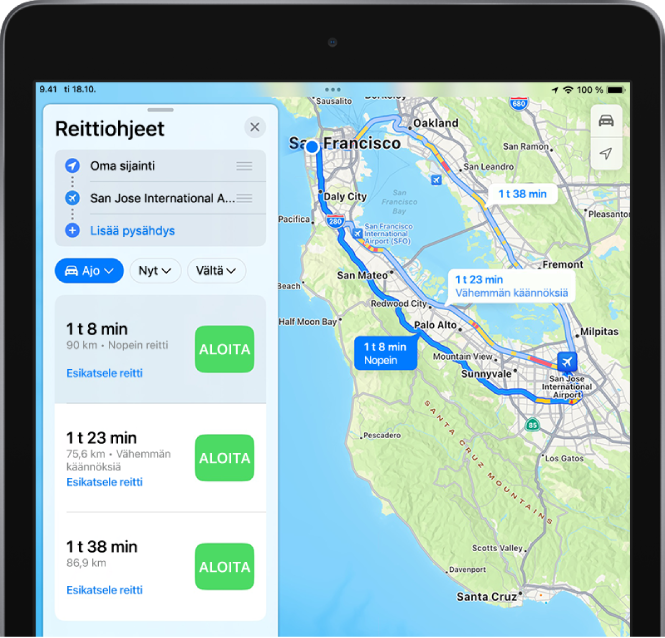 Kartta, jossa on useita ajoreittejä ja jokaisen vieressä Aloita-painike reittikortissa vasemmalla.