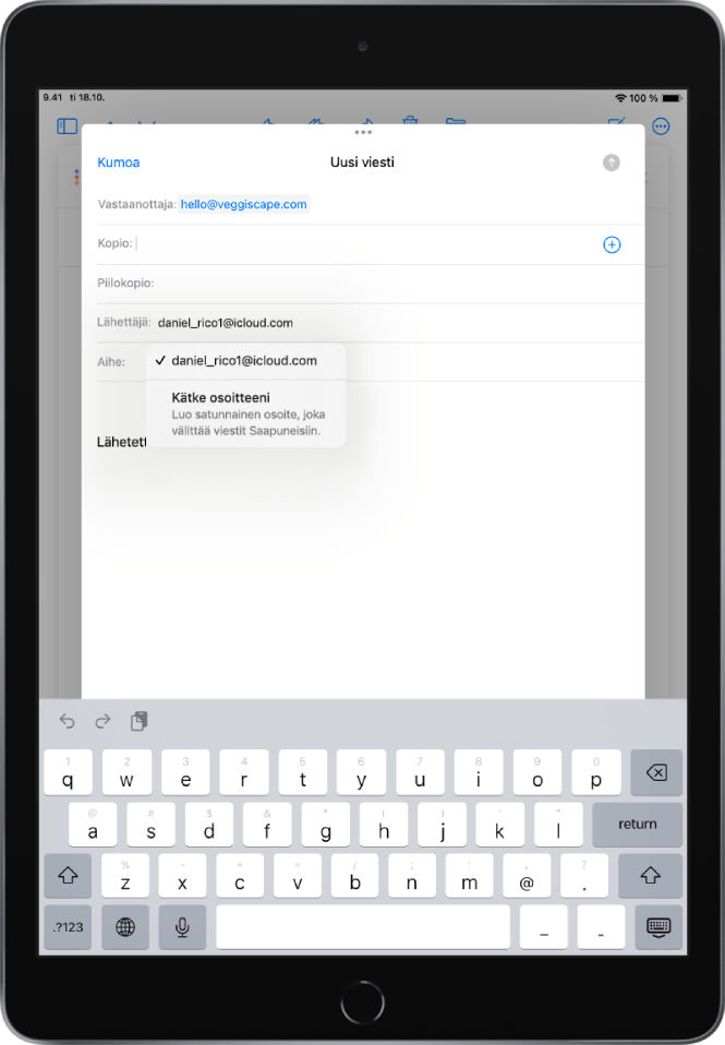 Sähköpostiluonnos, jota kirjoitetaan. Valittuna on Lähettäjä-kenttä, jonka alla on kaksi vaihtoehtoa: oma sähköpostiosoite ja Kätke osoitteeni.