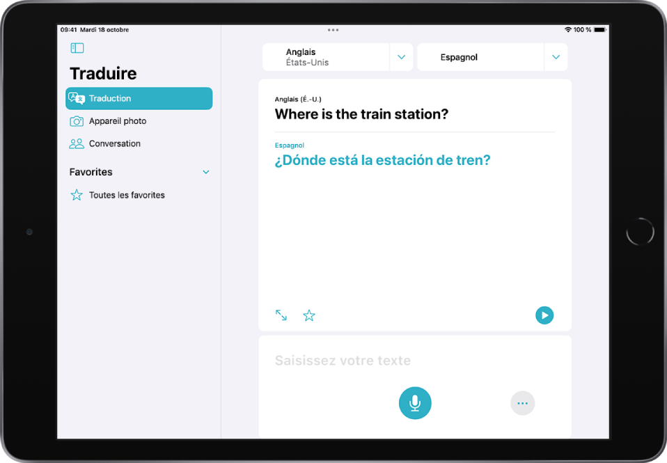 L’onglet Traduction, affichant deux sélecteurs de langue, anglais et espagnol, en haut de l’écran, une traduction au milieu et le champ « Saisir du texte » en bas.