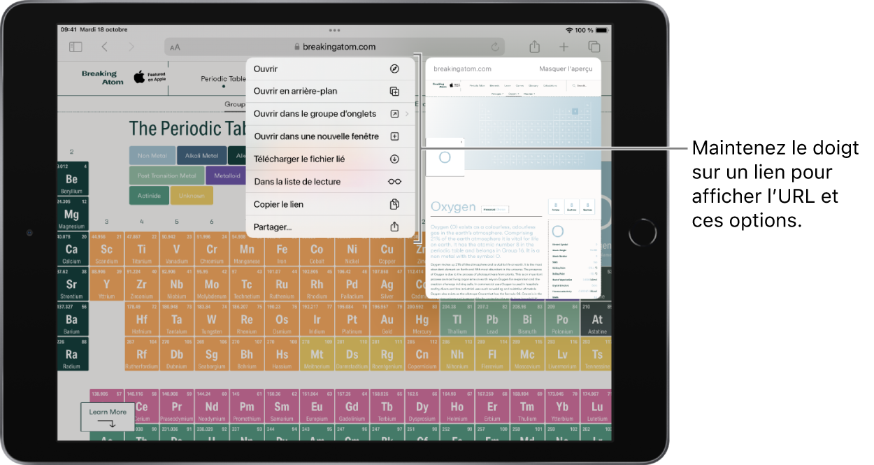 Aperçu d’un site web. À droite de l’aperçu se trouve un menu affichant les différentes options, notamment Ouvrir, « Ouvrir en arrière-plan », « Ouvrir dans une nouvelle fenêtre », et d’autres options.