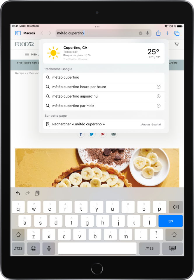 Une page web avec les mots « météo cupertino » saisis dans le champ de recherche. En dessous figurent des suggestions de recherche Google et les éventuelles mentions des mots « météo cupertino » sur la page web actuelle.