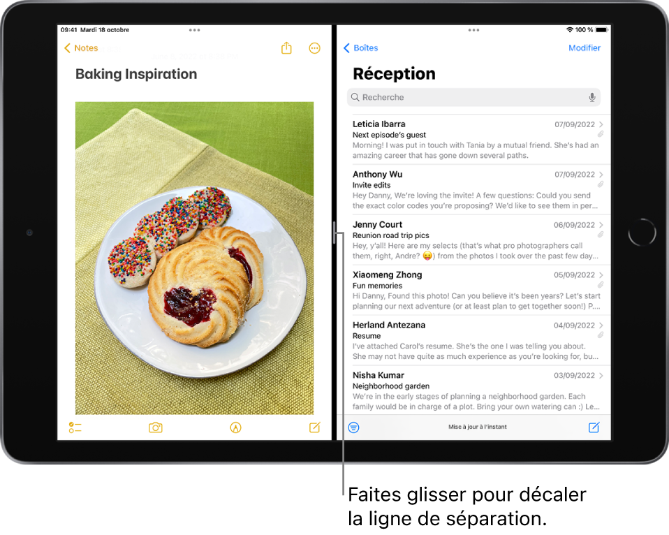 L’app Notes est ouverte sur le côté gauche de l’écran et Mail est ouvert sur le côté droit. Entre les deux apps se trouve un séparateur ajustable, qui permet de régler la taille des fenêtres.