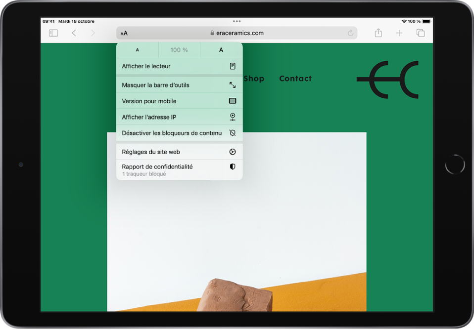 Une page web avec le menu « Réglages de la page » ouvert. De haut en bas, le menu comprend Taille du texte, Afficher le lecteur, Version pour mobile, Afficher l’adresse IP, Désactiver les bloqueurs de contenu, Réglages de site web et Rapport de confidentialité.