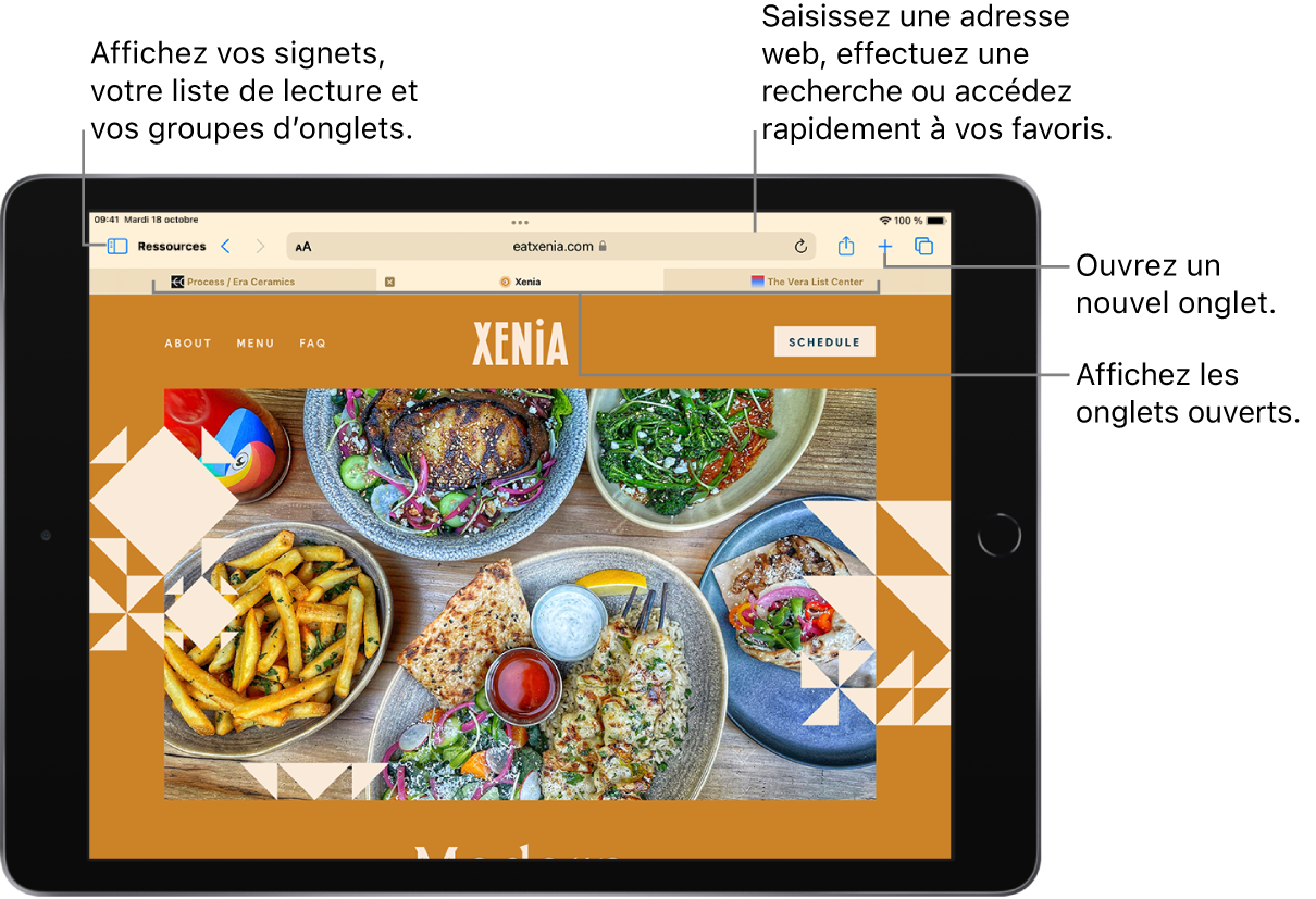 Une page web ouverte. Dans la partie supérieure, de gauche à droite, se trouvent le bouton « Barre latérale », le titre du groupe d’onglets actuellement ouvert, les boutons Précédent et Suivant, le champ de recherche, le bouton Partager, le bouton « Nouvel onglet » et le bouton « Aperçu des onglets ».