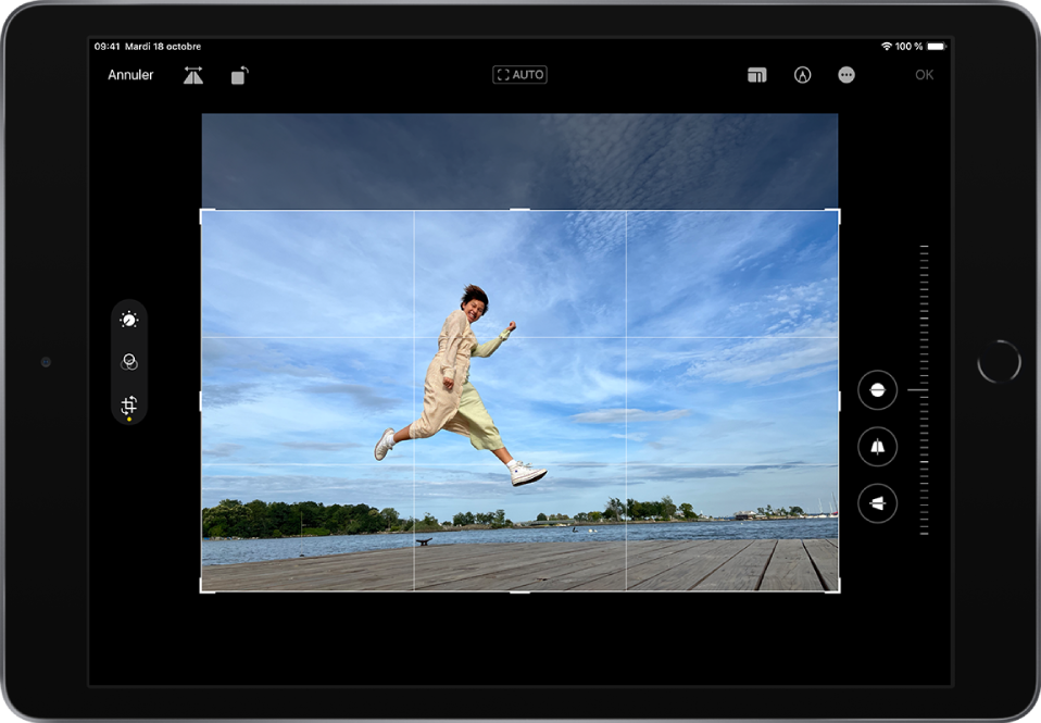 L’iPad en orientation paysage. Au centre de l’écran se trouve une photo en mode édition avec une grille en superposition et un cadre pour recadrer l’image. Sur le côté gauche de l’écran se trouvent les boutons Ajuster, Filtres et Recadrer ; le bouton Recadrer est sélectionné. Sur le côté droit de l’écran se trouvent les options d’amélioration du recadrage et le curseur d’intensité. Dans le coin supérieur gauche se trouvent les boutons Annuler, Retourner et Pivoter. Dans le coin supérieur droit se trouvent les boutons Proportions, Annoter et OK.