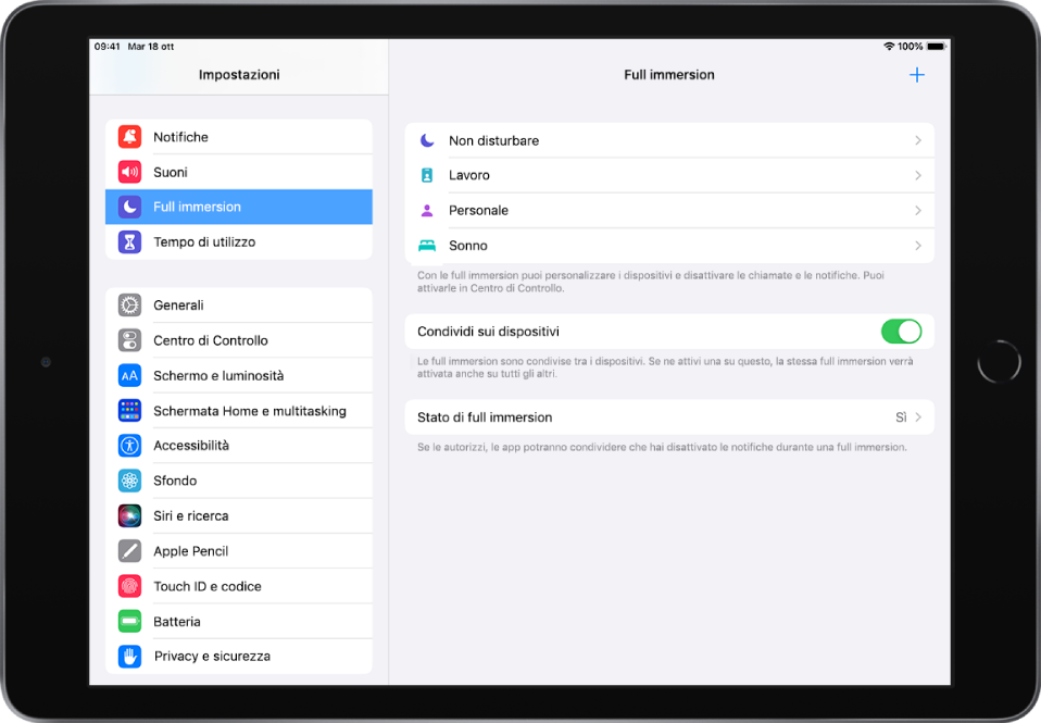 Una schermata che mostra quattro opzioni di full immersion preimpostate: “Non disturbare”, Personale, Sonno e Lavoro. Il pulsante “Condividi sui dispositivi” è attivo, consentendo alle stesse impostazioni di full immersion di essere usate sui tuoi dispositivi Apple.