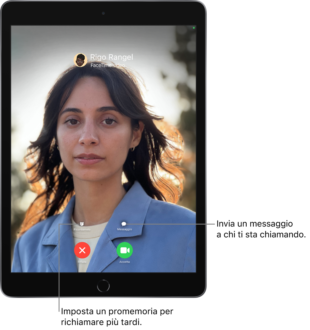 Schermata di una chiamata in entrata. Nella parte inferiore dello schermo, nella riga superiore, da sinistra a destra: i pulsanti Ricordamelo e Messaggio. Nella riga inferiore, da sinistra a destra: i pulsanti Rifiuta e Rispondi.
