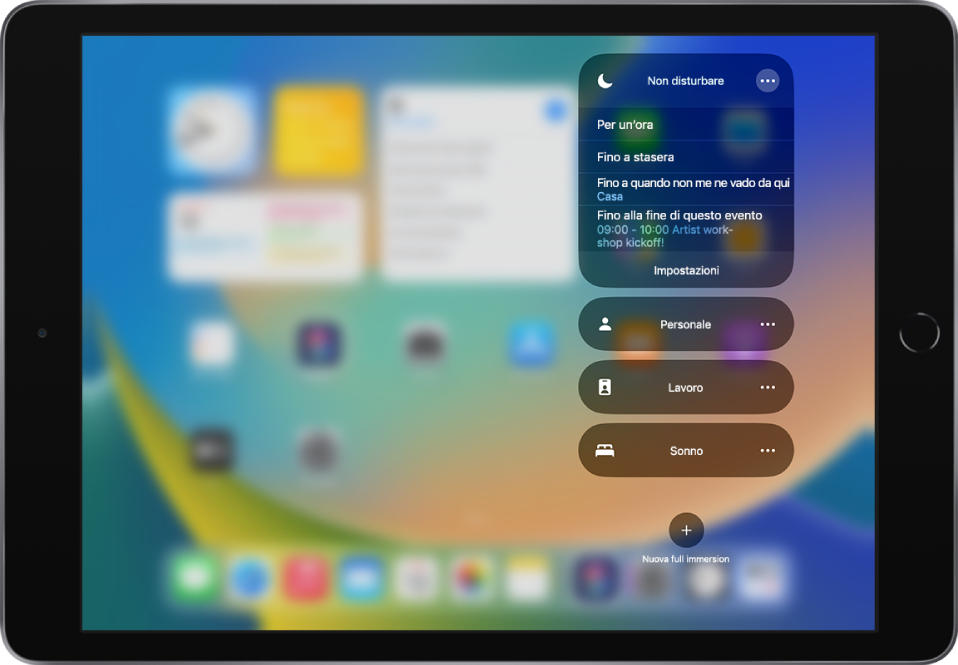 La schermata per scegliere per quanto tempo lasciare attivo “Non disturbare”. Le opzioni sono “Per un'ora”, “Fino a stasera”, “Fino a quando non me ne vado da qui” e “Fino alla fine di questo evento”.