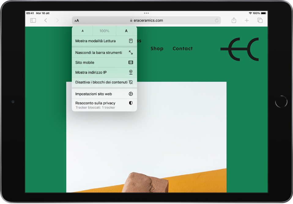 Una pagina web con il menu “Impostazioni pagina” aperto. Dall'alto verso il basso, il menu include “Dimensioni testo”, “Mostra modalità Lettura”, “Richiedi sito mobile”, “Mostra indirizzo IP”, “Disattiva i blocchi dei contenuti”, “Impostazioni sito web” e “Resoconto sulla privacy”.