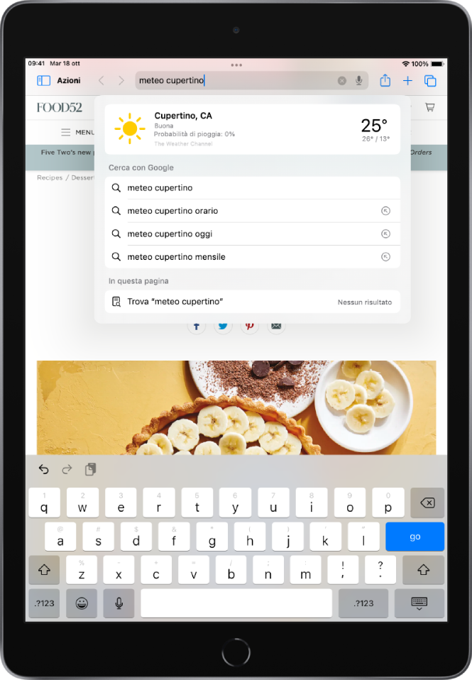 Una pagina web con le parole “meteo cupertino” inserite nel campo di ricerca. Sotto sono elencati suggerimenti di ricerche con Google e tutte le occorrenze delle parole “meteo cupertino” nella pagina web attuale.