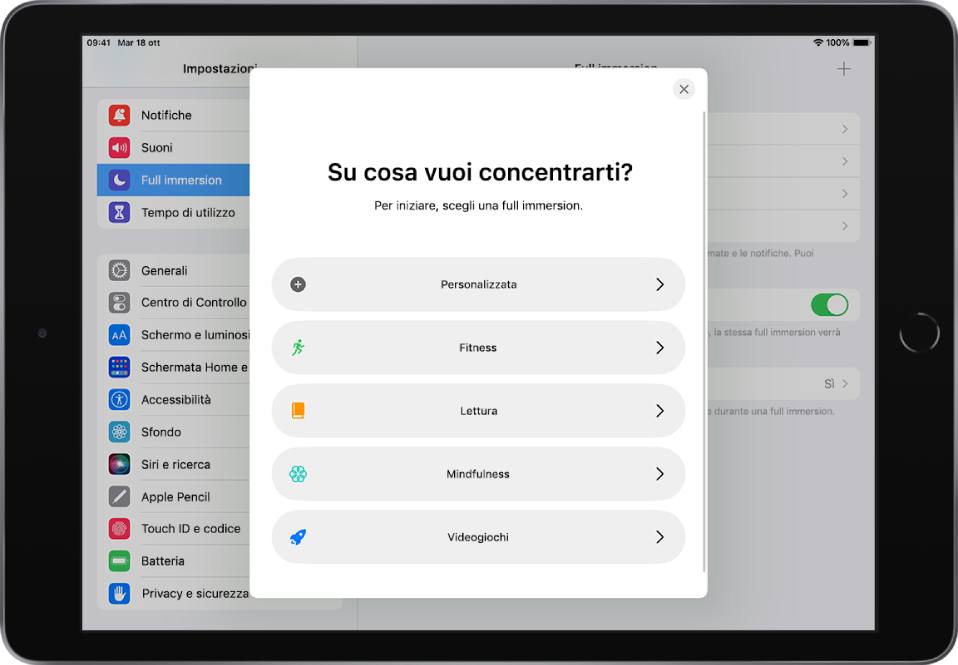 La schermata di configurazione per una delle full immersion aggiuntive disponibili, tra cui Personalizzata, Fitness, Videogiochi, Mindfulness e Lettura.