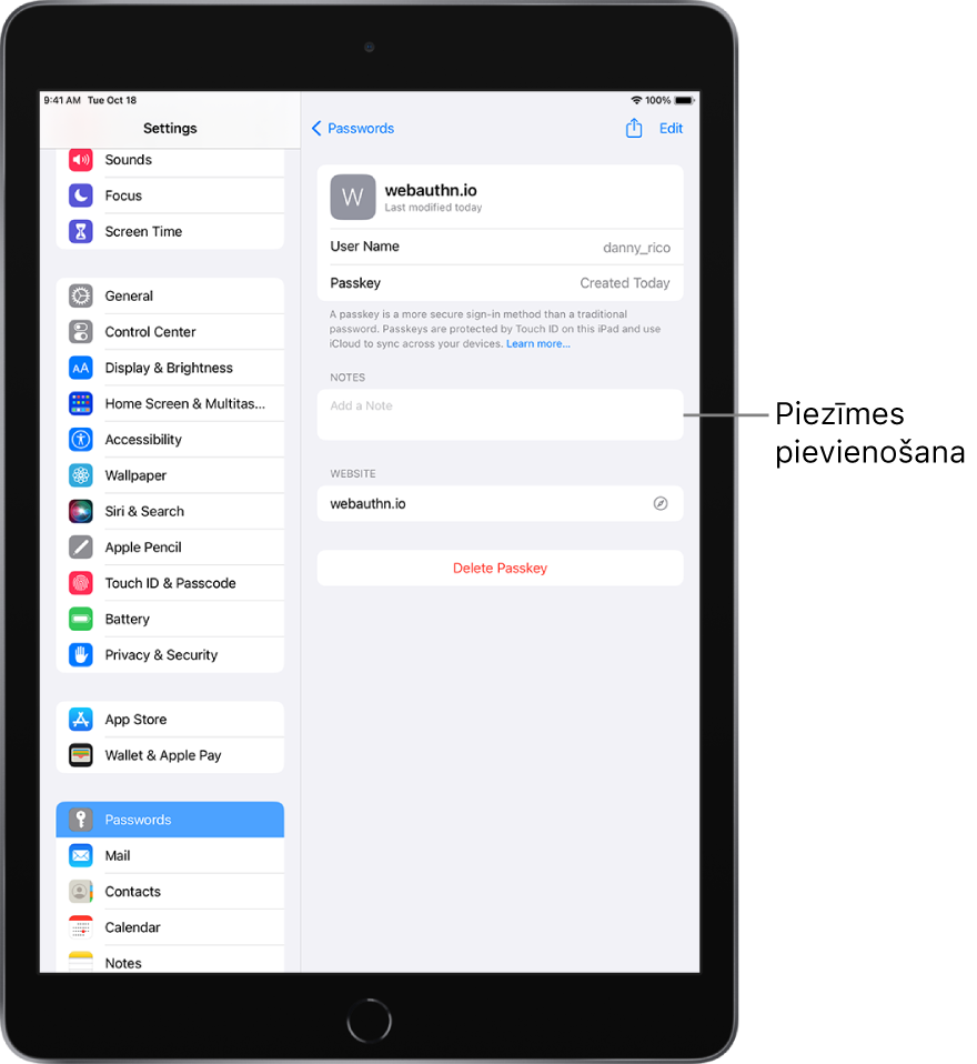 Paroļu iestatījumi, kas rāda piekļuves atslēgu informāciju un lauku, kurā ievadīt piezīmi.