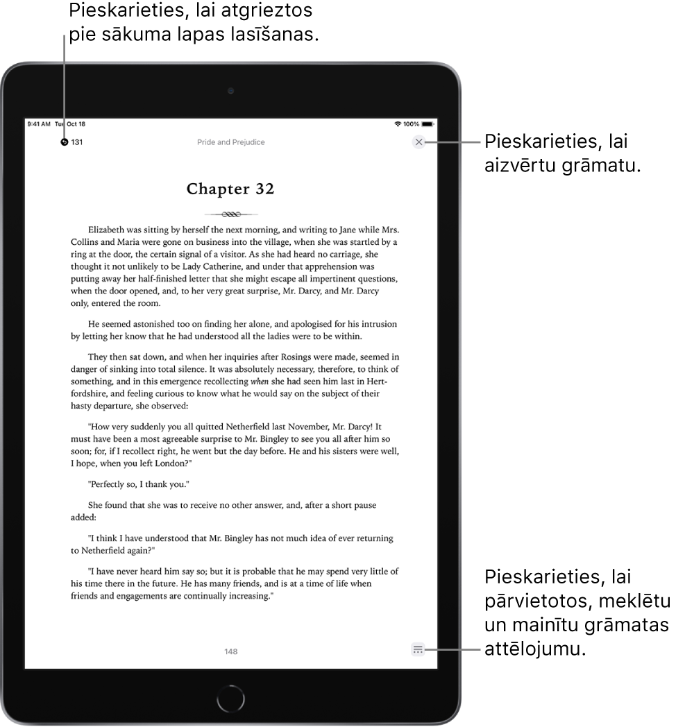 Grāmatas lappuses lietotnē Books. Ekrāna augšdaļā ir pogas, lai atgrieztos lappusē, kurā sākāt lasīšanu, kā arī pogas grāmatas aizvēršanai. Ekrāna apakšējā labajā stūrī ir poga Menu.